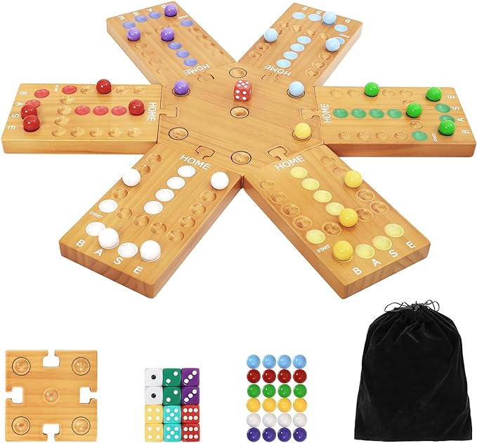 Marble Board Game, Wooden Board Game for 4 and 6 Players, Portable Original Marble Game with 24 Marbles 12 Dice for Family Friends Party Game Night