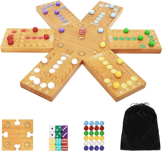 Marble Board Game, Wooden Board Game for 4 and 6 Players, Portable Original Marble Game with 24 Marbles 12 Dice for Family Friends Party Game Night