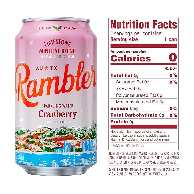 AUTX RAMBLER Sparkling Water, Texas Limestone Mineral Blend, Cranberry Flavor, Limited Edition, 12-Ounce Cans, Three 8-Packs (24 Cans)