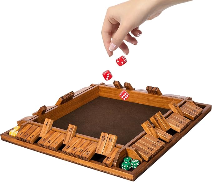 Upgraded 16.54’’ Shut The Box Dice Game with 15 Numbers for 1-4 Players, Large Wooden Board Math Game 16 Dices, Tabletop Games Kids Adults Family Party Birthday