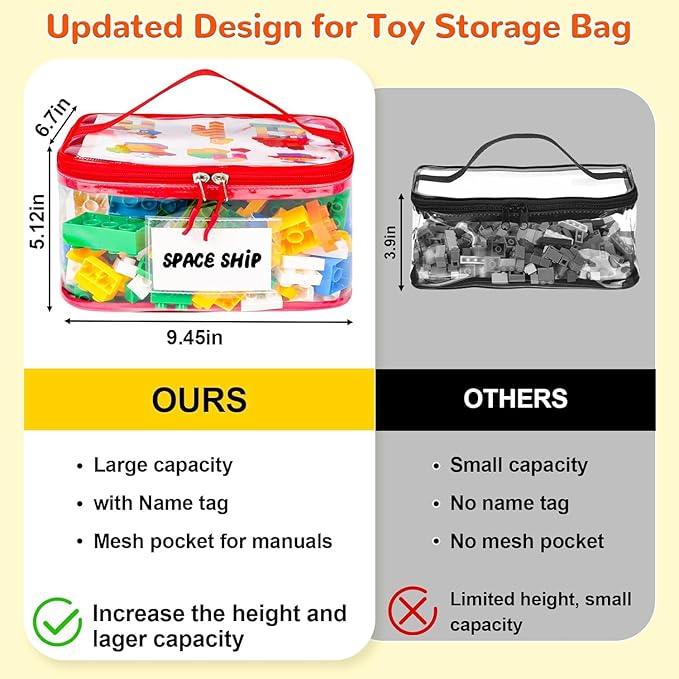 Upgraded 6 Pack Clear Toy Storage Bag - with Name Tag Manual Pocket, Transparent PVC Toy Organizer Case with Zipper for Board Game, Building Block, Puzzle, Large Capacity for Kids Ages 6+ (Colorful)