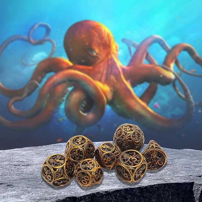 DND Dice,Hollow D&D Metal Dice,Unique Round Ball Design Octopus Dice with Gift Box for Dungeons & Dragon Gaming,7 PCs Steampunk Polyhedral D and D Dic(Ball Octopus Ancient Gold)