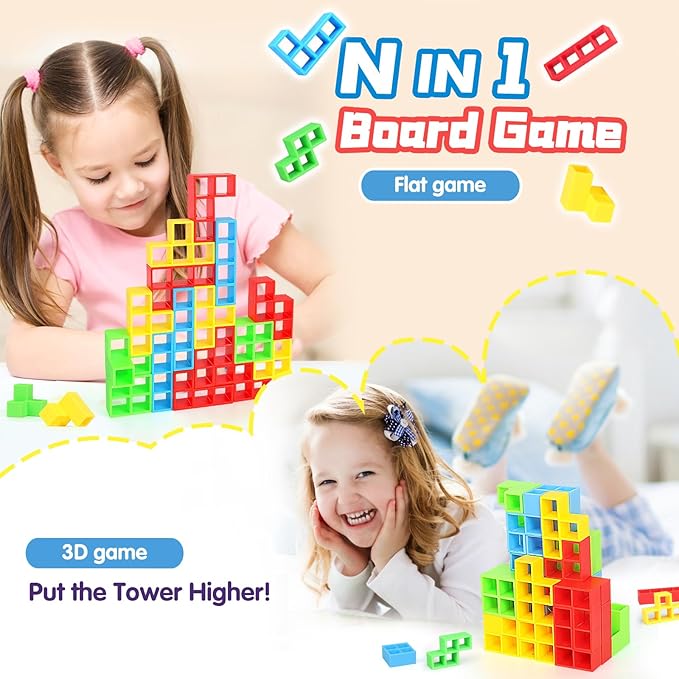 64PCS Stack Game for Adult & Kids, Tetra Board Tower Games for Family Travel Party, 2 Players Balance Stacking Toy, Team Toys Building Block
