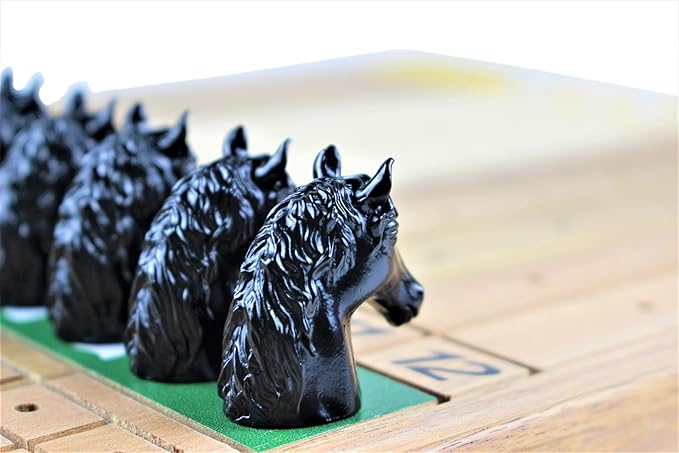 Metal Horse Race Board Game Set with Horse Racing Thick & Solid Wood Game Board, 11 Luxurious & Durable Classic Black Colored Metal Craft Horses, Dice and Cards for Horseracing (HR-652)