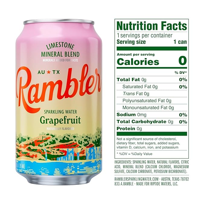 AUTX RAMBLER Sparkling Water, Texas Limestone Mineral Blend, Grapefruit Flavor, 12-Ounce Cans, 12-Pack
