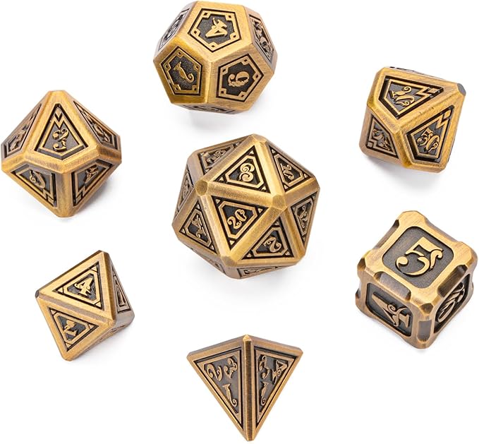 Retro Fantasy Metal Style 7pcs DND Dice Set with Beautiful Gift Box for Dungeons and Dragons MTR PRG Tabletop Games (Brass)