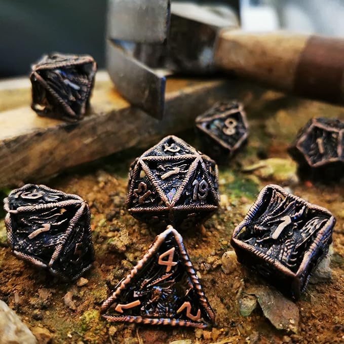 HAOMEJA Dice Hollow DND Dragon Metal Dice Set 7 Role Playing Dice D&D Dungeons and Dragons Dice (Antique Red Copper)