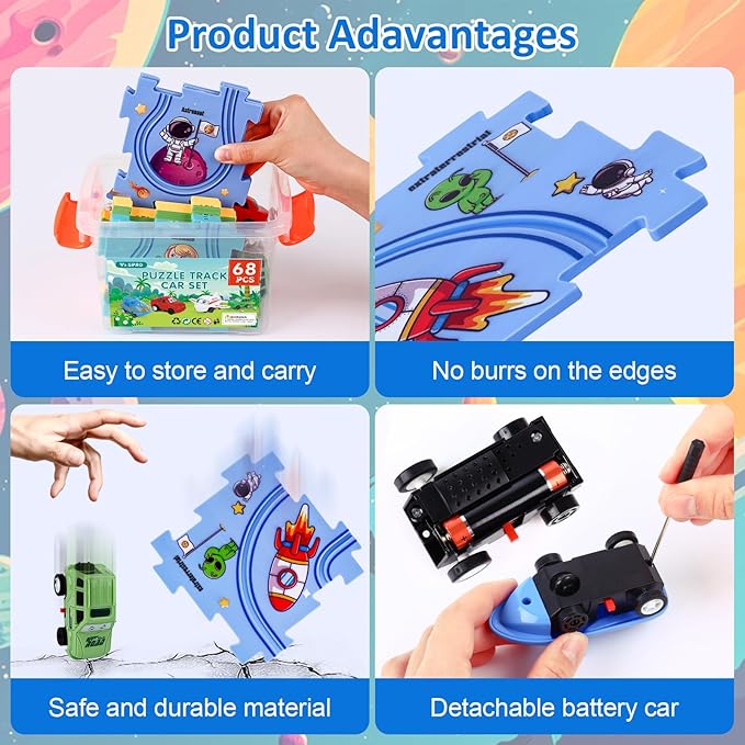 VESPRO 4 Series Toddler Car Track Set, 68PCS Kids Car Track Play Set, Educational Puzzle Toys for Kids Ages 3+ Boys and Girls