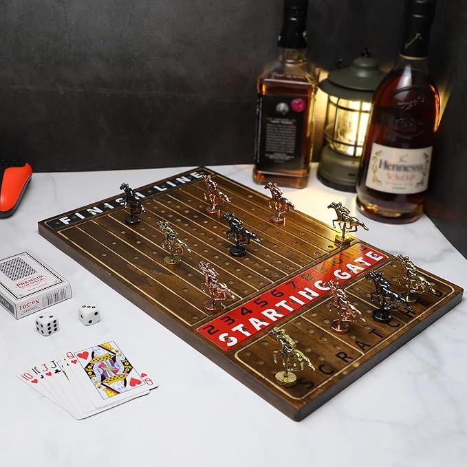 HOROW Horse Racing Game - Wooden Horse Race Board Game with 11 Luxury Metal Horses 2 Dice and 2 Cards,Fast-Paced Strategic for Family Night and Party - Perfect Birthday&Holiday Gifts