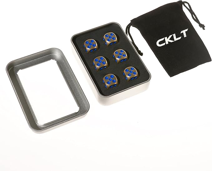 6 Sided Metal Brass Dice with Blue Pips, Tables Board Game Dice, 6pcs Solid Gift Brass Dice, Tabletop Games Set for Poker Party Playing Games