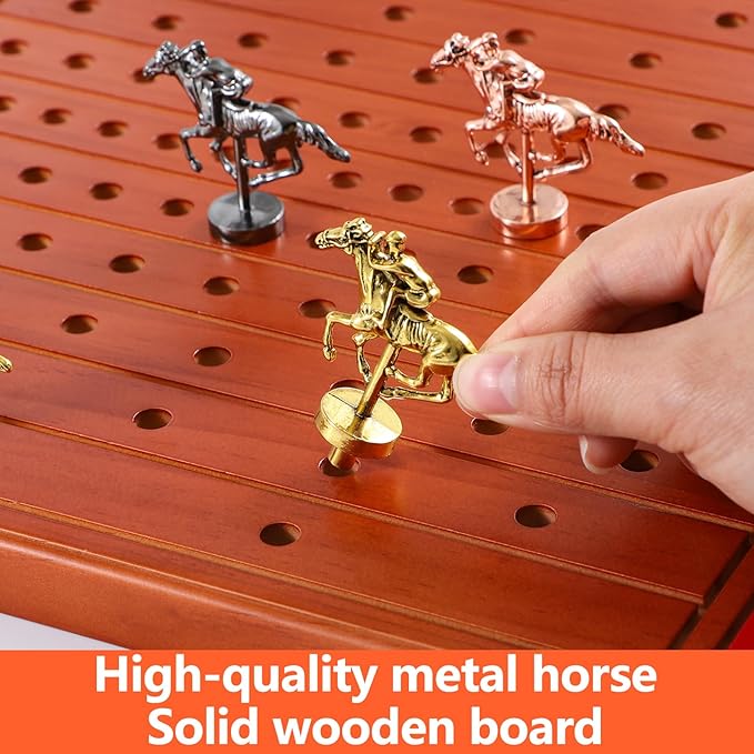 21 inches Horse Race Board Game Racing Game Solid Wood with 11 Luxurious Durable Classic Metal Horses Finish Line Horse Racing Game with 4 Dice and 2 Boxes of Cards (Shallow Walnuts)…