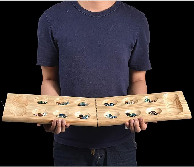 AMEROUS Wooden Mancala Board Game Set - Upgraded Larger Size - 72+8 Bonus Multi Color Glass Stones - Folding Board - Gift Package -Instructions, Portable Board Game for Adults, Kids