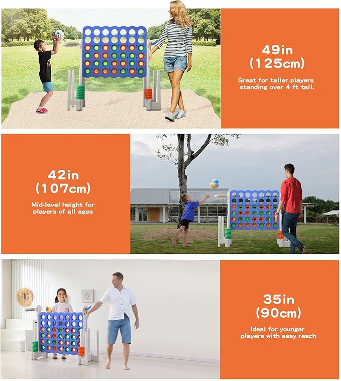 UNICOO® Jumbo 4 in a Row Game | Adjustable Height (2.5-3.5 FT) 4-to-Score Giant Yard Game Set for Kids & Adults w/Build-in Mini Games, Golf Clubs | Indoor/ Outdoor Games for Party & Family Fun
