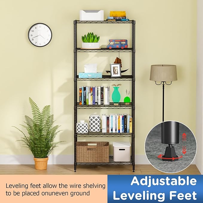 FDW 6-Shelf Adjustable,Storage Shelves Wire Shelving Shelving Unit Metal Shelves Storage Shelf,13" D x 23" W x 59" H,Black