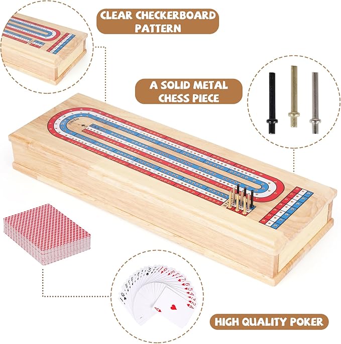 Wooden Cribbage Board Game Set, Premium Wooden Board with with Storage Drawer and Metal Pegs, Strategy Card Game Cribbage - Travel Portable Cribbage Game Sets for Family