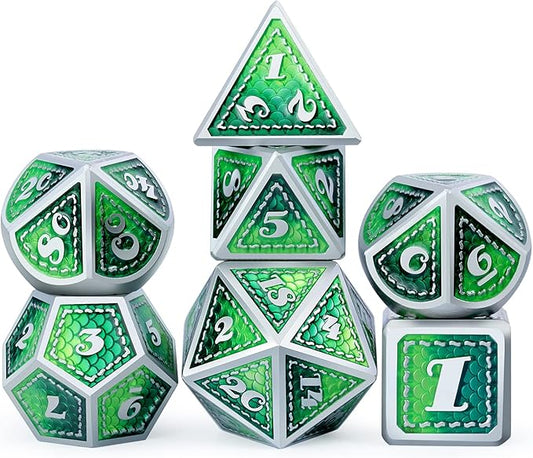DND Metal Dice Set with Gift Metal Tin DNDND Metallic Dungeons and Dragons Dice Set for D&D Game (Neno Green & Green with Matt Silver Edge)