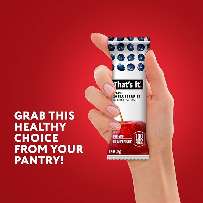 That's it. Apple + Blueberry 100% Natural Real Fruit Bar, Best High Fiber Vegan, Gluten Free Healthy Snack, Paleo for Children & Adults, Non GMO No Sugar Added, No Preservatives Energy Food (12 Pack)