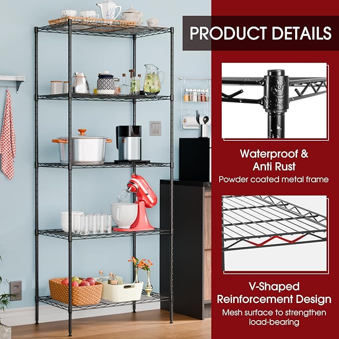 Large Wire Shelving Unit 5-Tier Metal Storage Shelves Heavy Duty Garage Shelving Adjustable Storage Shelf Rack with Leveling Feet for Home Kitchen Garage, 14" Dx23.8 Wx60 H, Black