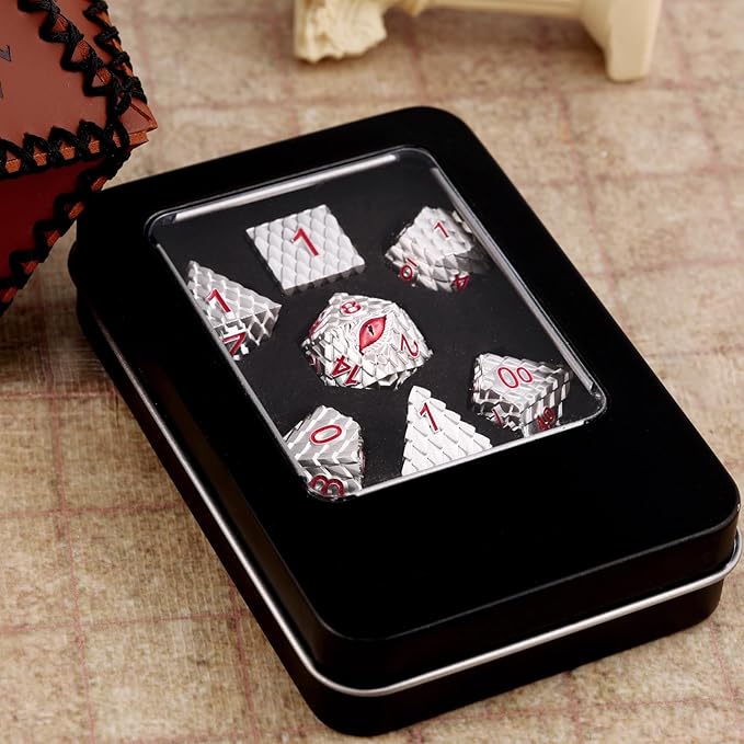 Metal Dice Set D&D,7 PCS Dragon Scale Metallic DND Dice Set,Dragon Eye Metal Dice with Gift Metal Box for Dungeons and Dragon Tabletop Game (White Dragon Scale & Red Eye)