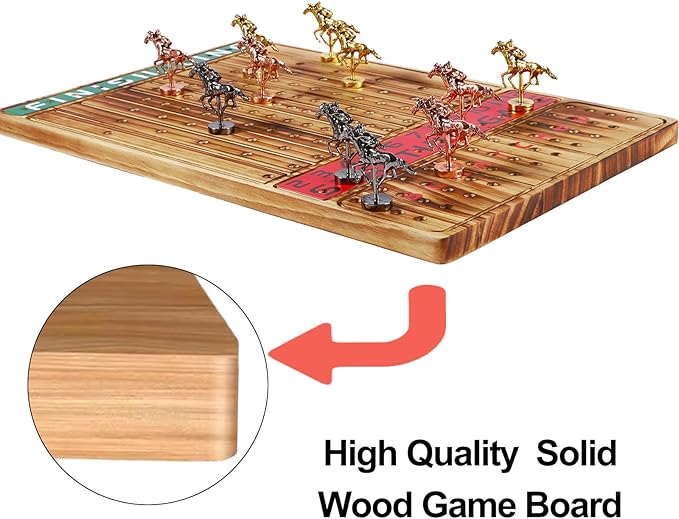 Horse Racing Board Game Thickened Solid Wood Finish Line Horse Race Game with 11 Metal Horses with 2 Sets of Dice,2 Boxes of Cards and 100 Poker Chips for Parties and Gambling