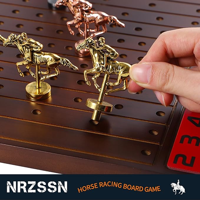 Horse Race Board Game with 11 Luxurious Durable Classic Metal Horses with 4 Dice and 2 Boxes of Cards Thickened Solid Wood Horse Racing Dice Game (Walnut Color,Rectangle)