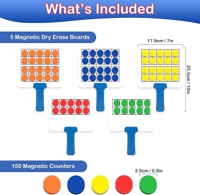 Magnetic Ten-Frame Set,Math Manipulative Games for Kids Toddlers,5 Dry Erase Paddles & 150 Math Counters,Addition & Subtraction Game,Counting Toys,Kindergarten Preschool Classroom Must Haves