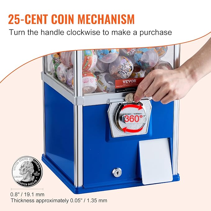 VEVOR Gumball Machine for Kids, 25" Height Home Vending Machine, PS Bouncy Balls Dispenser, Hold 230 Capsule Toys, Rectangle Bubble Gum Machine for Game Stores, Coin Operated Gumball Bank, Blue