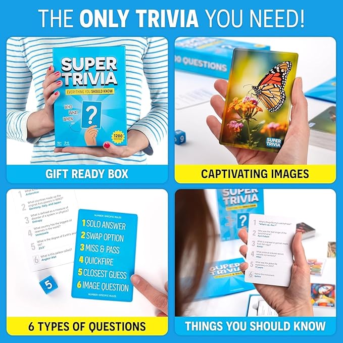 Super Trivia Games for Adults with 1200 Questions - Fun Board Game with Trivia Cards - Trivia Game for Family with Teens and Adults - Fun Party Games for Teenage Boy Gifts