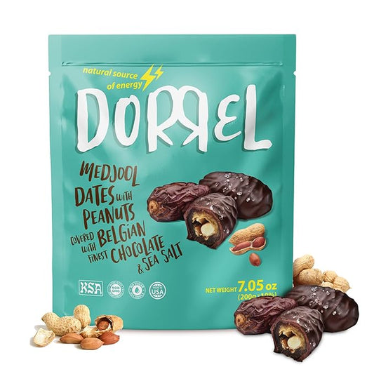 DORREL - Belgian Dark Chocolate Covered Dates (Medjool) with Salted Peanuts Stuffing, High Energy Vegan Choco Snack, Delicious, Kosher & Non-GMO, Pack of 1 Stuffed Chocolate Dates, 7.05 oz / 200 g Ea