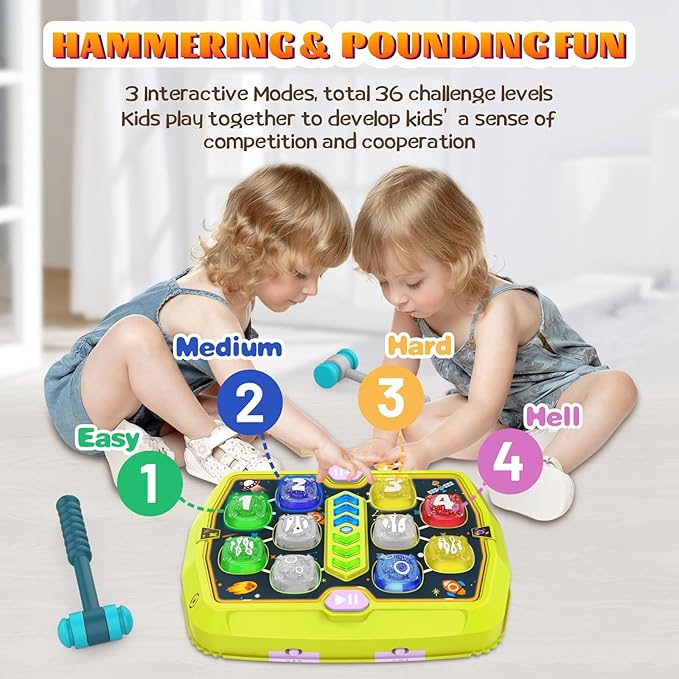 Hammer Mole Game Toy for Toddler, Toys for 3 4 5 6+ Year Old Boys/Girls, Interactive Educational Pounding Toys with 2 Hammers, Music & Light, 3 Modes, Birthday Xmas Gifts for Boys Girls Kids Age 3+