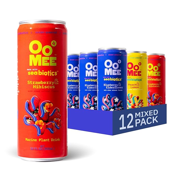 OoMee Prebiotic Drink | Variety Pack| Plant-Based Vegan Beverage with Marine-Sourced Agar Prebiotics (Seabiotics) for Digestive & Gut Health Functional Drink – 12oz Cans, 12-Pack