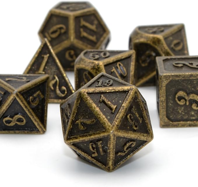 Metal Dice Set, HNCCESG Polyhedral D&D Dice for Dungeons and Dragons RPG DND Dice for Role Playing MTG Tabletop Gaming Shadowrun Pathfinder 7PCS D20 D12 D10 D8 D6 D4(Antique Bronze)