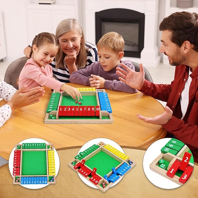 1-4 Players 12IN Large Shut The Box Dice Game, 10 Numbers Traditional Wooden Pub Bar Board Family Table Mat Game Dice for Kids and Adults