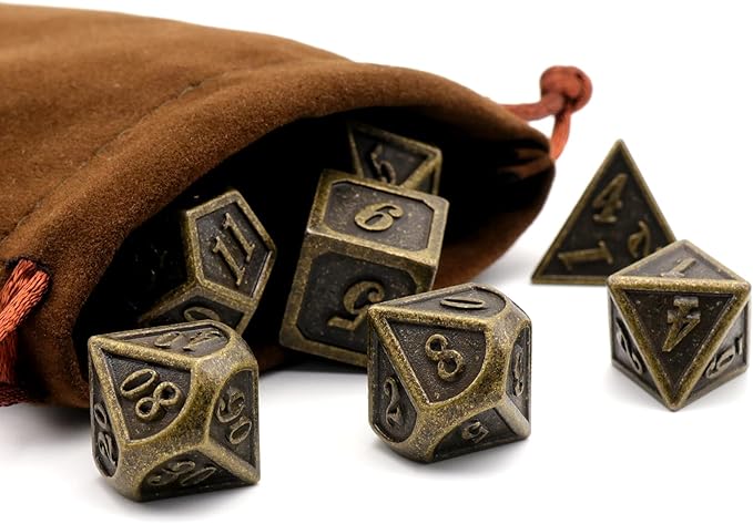 Metal Dice Set, HNCCESG Polyhedral D&D Dice for Dungeons and Dragons RPG DND Dice for Role Playing MTG Tabletop Gaming Shadowrun Pathfinder 7PCS D20 D12 D10 D8 D6 D4(Antique Bronze)