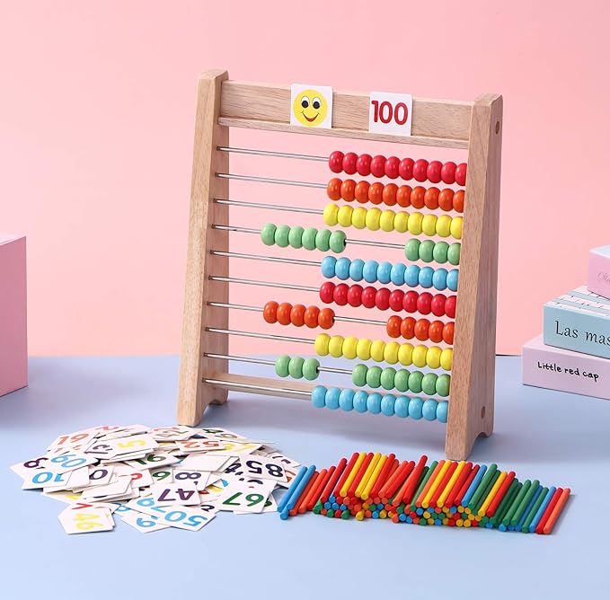 Wooden Abacus for Kids Math with 100 Counting Sticks and Number Toys Cards 1-100 and 2 in 1 Multiplication Addition Math Board Game for Kids - Wooden Montessori Math Toys for Girls Boys