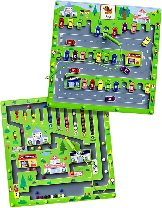 2 in 1 Magnetic Color and Number Maze Magnet Alphabet Counting Car Puzzle Double Sided Board Fine Motor Skills Montessori Educational Preschool Toys for Boys and Girls 3-5 Age (Car Maze, One Size)