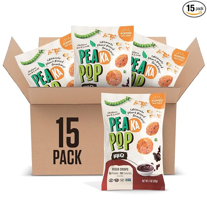 PeaKaPop Veggie Chips – Plant-Based, Healthy Veggie Crisps with Pea, Lentil & Chickpea Protein – Vegan, Gluten-Free, Popped Chips – Snack Size for Kids & Adults – 1 oz Bags (15-Pack) – BBQ