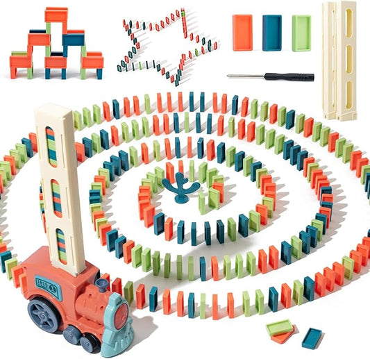 Automatic Domino Train for Kids 200pcs Blocks Montessori Dominos Stacking Toys Christmas or Birthday Gifts for 3 4 5 Year Old Boys Girls Toddler Age 6-8 Game Play (Orange)