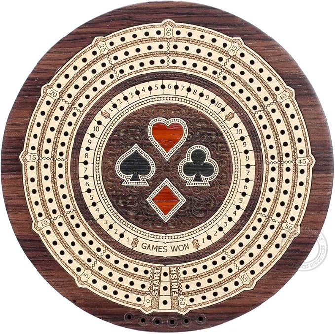 Round Shape 3 Track Non-Continuous Cribbage Board - Push Drawer Storage for Pegs and 1 Deck of Cards with Score Marking Fields for Won Games (Rosewood/Maple Wood)