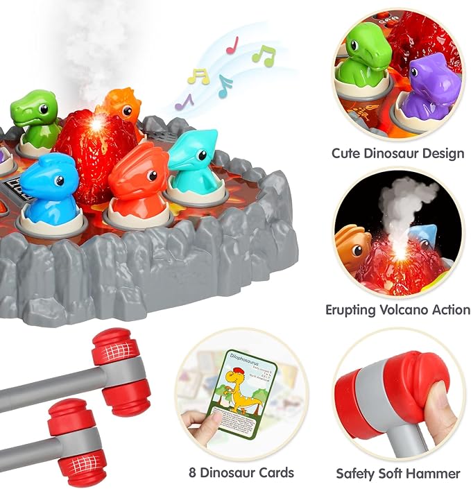 Yerloa Whack Game Mole Dinosaur Toys for Kids 2 3 4 Year Old Boy Birthday Gift, Sensory Toddler Boy Toys for Ages 2-4 2-3 4-6 3-5 Dino Volcano Learning Easter Gifts with 2 Hammers, Music Spray Light