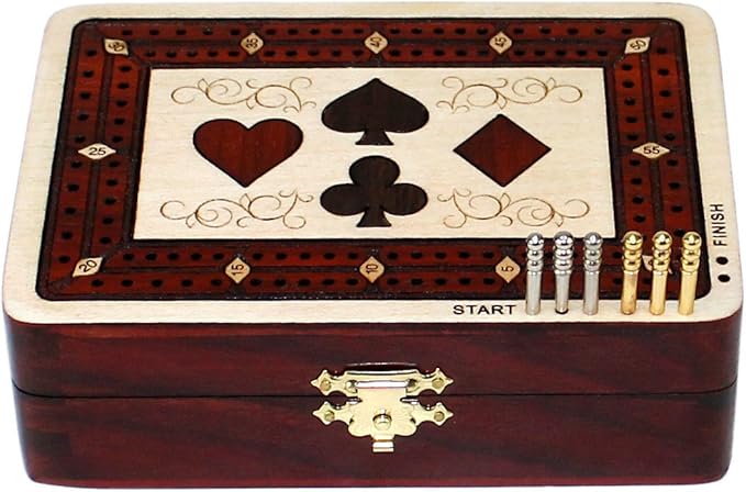 2 Track - Wooden Cribbage Board/Box - Inlaid in Maple Wood/Bloodwood - Storage for Pegs & One Deck of Cards - 60 Points - Non Continuous (Maple Wood/Bloodwood)