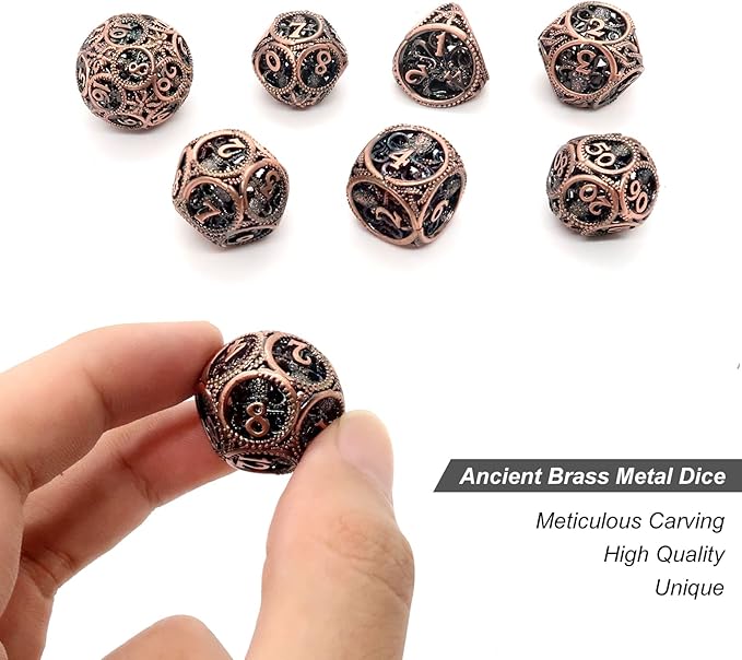 DND Dice,Hollow D&D Metal Dice,Unique Round Ball Design Octopus Dice with Gift Box for Dungeons & Dragon Gaming,7 PCs Steampunk Polyhedral D and D Dic(Ball Octopus red Copper)