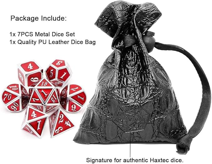 Haxtec Metal Dice Set D&D Red Silver DND Dice Set for Dungeons and Dragons RPG Games Leather Dice Bag DND Gifts-Glossy Enamel Dice (Silver Red)