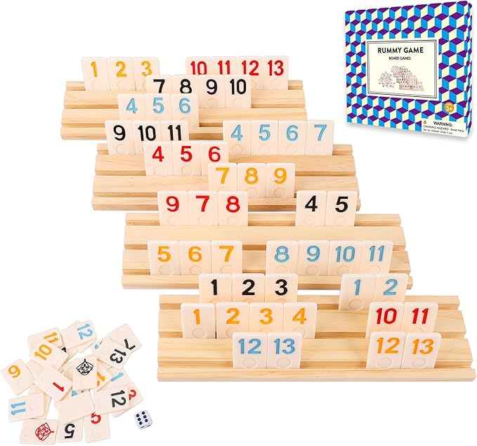 Classic Rummy Tiles & Cube Game Set with 106 Large-Number Tiles, 4 Wooden Racks & Dice - Family Board Games for Adults & Kids, Rummy Tile Games for 2-4 Players, Funny Night Game