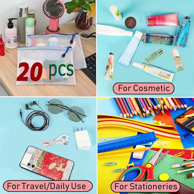 AUSTARK 20 Pcs Zipper File Bags, Plastic Mesh Pouch, Board Game Storage Bag, Waterproof Bags for Office School (A5 Size 9.2''x6.7'', White and Blue)