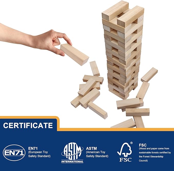 Tumbling Tower Blocks Games,Large Wooden Blocks Stacking Game for Kids Adults Family Classic Stacking Board Games for Indoor Outdoor Backyard Lawn Stack to Over 3.2Ft- 60pcs with Carrying Bag