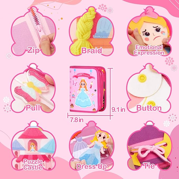 Busy Book for Toddlers 1-3, Princess Busy Board Toys for Girls, Montessori Preschool Learning Role Play Toy Book for Kids