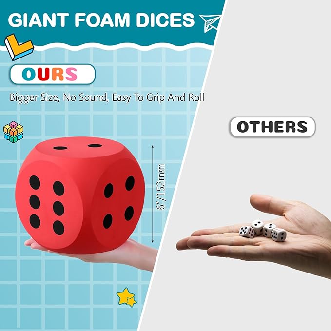Shappy 6 Inches Foam Dice Fun Filled Large Educational Toy Kawaii Giant Dice Decorative Eva Foam Jumbo Cube Big Square Building Blocks for Game Nights Learning Sessions(Red,2 Pcs)