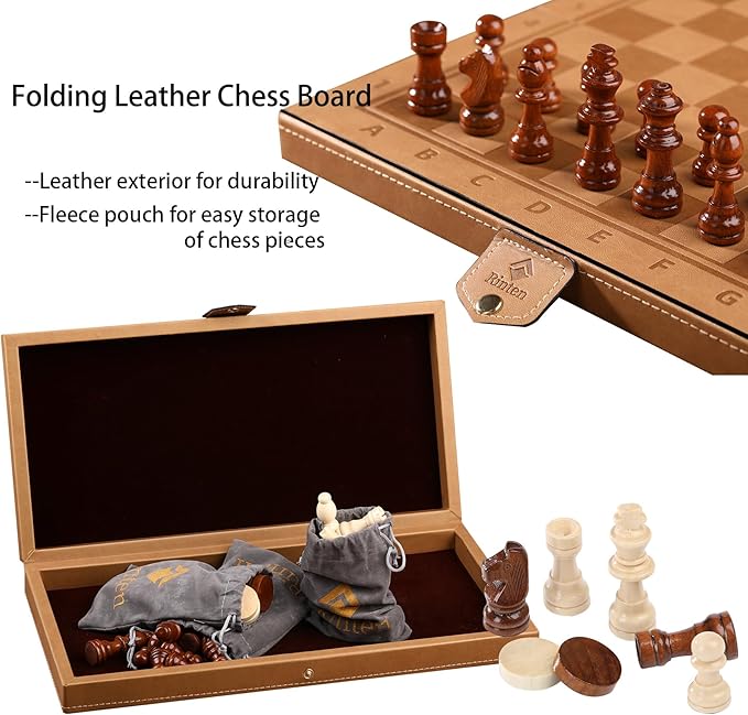 15" Magnetic Chess Set & Checkers Set 2 in 1,Rinten Leather Portable Travel Chess Board Game Sets with Velvet Bag Packaging Beginner Large Chess Set for Kids and Adults