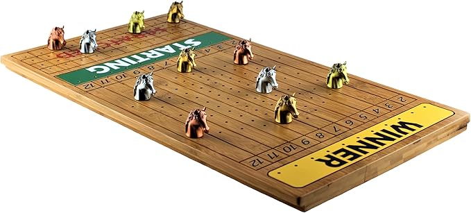 Metal Horse Race Board Game Set with Horse Racing Thick & Solid Wood Game Board(22"/Dark),11 Luxurious with 4 Antique(Gold,Silver,Red Cooper&Bronze) Metal Craft Horses, Dice&Cards (HR-F654)